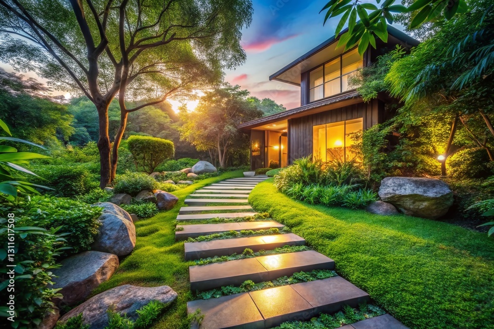 Obraz premium Surreal Garden Path: Stepping Stones to Modern Home - Dreamlike Landscape Stock Photo