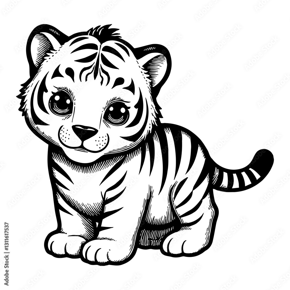 Fototapeta premium Cute Chibi Cartoon Tiger Cub Sitting with Adorable Eyes in Black and White Outline Line Art Drawing