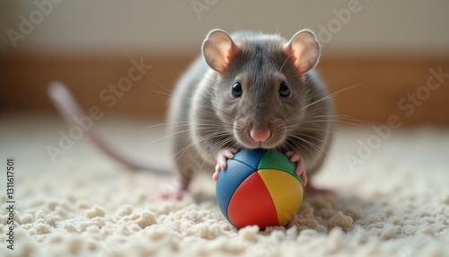 Cute gray rat holds colorful ball with its tiny paws, sitting on soft, textured surface. Rat's playful and curious nature. Pet-related content, educational materials, advertisements for pet products.