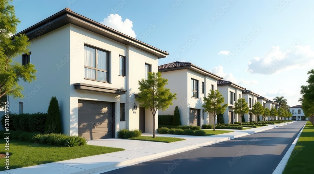 Modern Architectural Design Row of Houses with Lush Landscaping and Asphalt Roadway Modern Architectural Design Row of Houses with Lush Landscaping and Asphalt Roadway