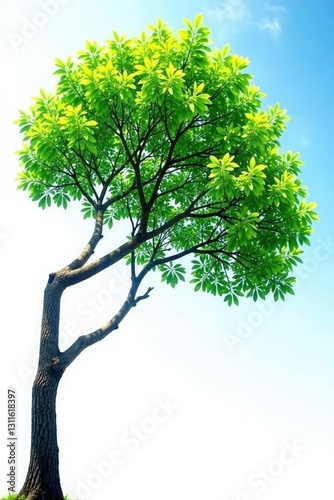 Long tree branch hanging from sky on white background, foliage, branches, sky