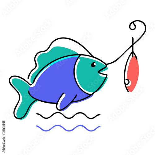 Fishing activity with a fish on a hook for outdoor recreation