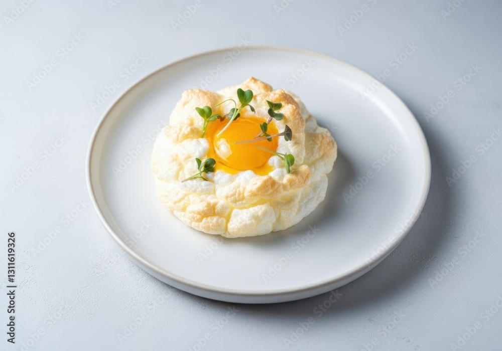 Cloud egg with microgreens on white plate Cloud egg with microgreens on white plate