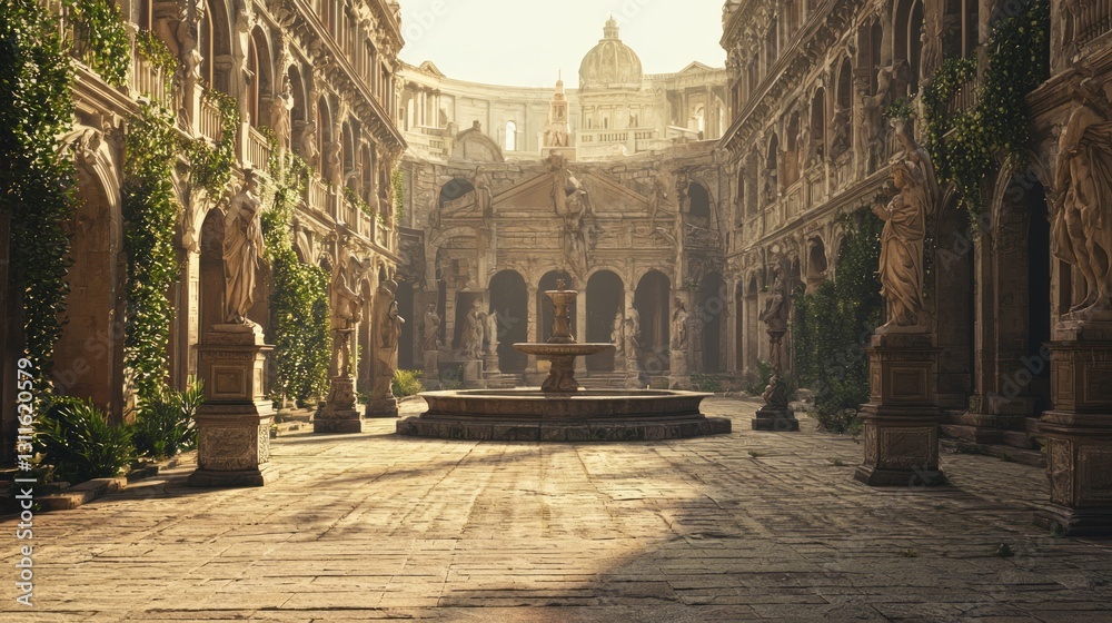 Obraz premium Enchanting Forgotten City Square with Elegant Statues and Fountain