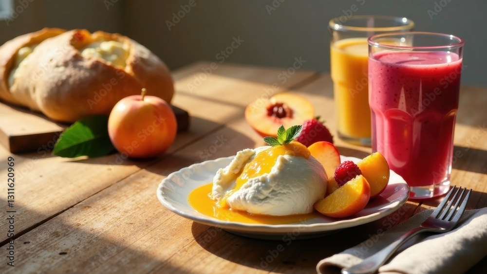 Creamy dessert with fruit and juice on a wooden table in sunlight Creamy dessert with fruit and juice on a wooden table in sunlight