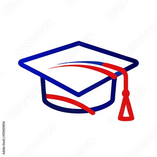 Mortarboard cap icon with red and blue accents, graduation celebration concept