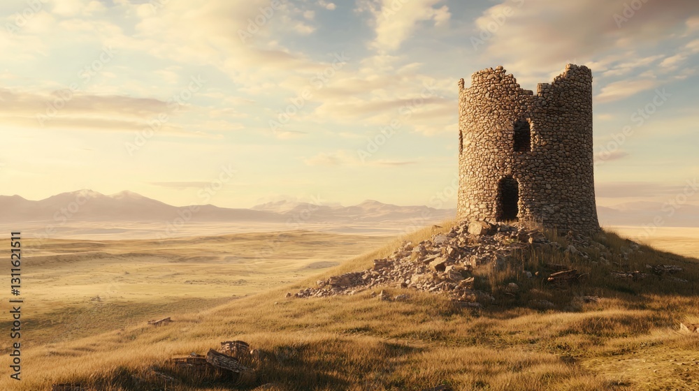 Obraz premium Lone Watchtower Overlooking Scenic Landscape at Sunrise