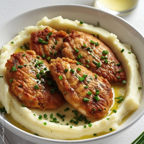 Crispy Chicken Cutlets on Creamy Mashed Potatoes in White Bowl, Pure White Background