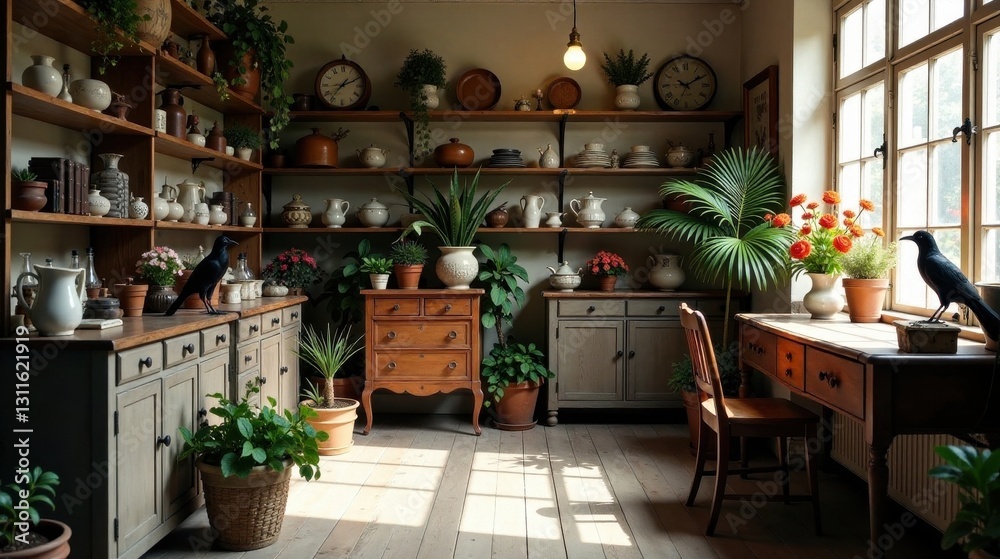 Obraz premium Sunlit Room with Antique Furnishings and Potted Plants, Two Crows Perched on Window Sill
