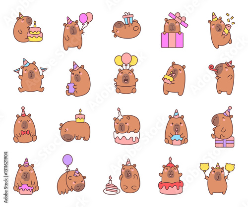 Adorable capybara birthday set featuring cute characters with party hat, cake, balloons, gift, confetti, candle, greeting cards, and festive accessories in various joyful poses