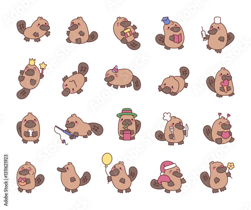 Platypus set with cute kawaii cartoon characters in various poses and accessories for holiday