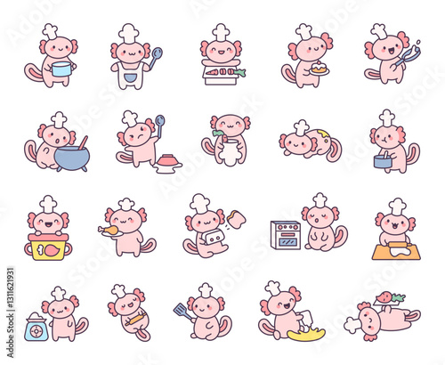 Adorable axolotl chef hat wearing cooking delicious meals in a cute kawaii cartoon style using various kitchen utensils and ingredients for baking and food preparation