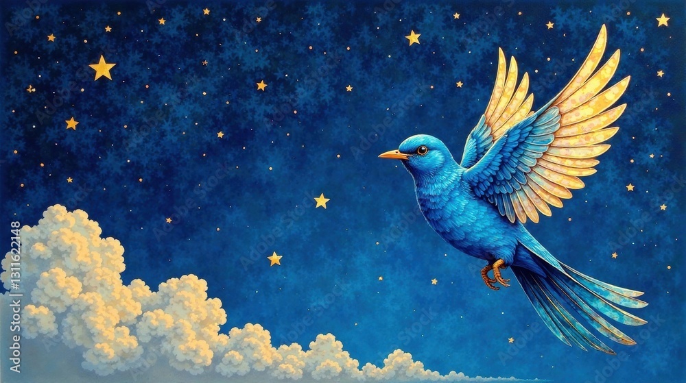 Fototapeta premium Celestial Flight A Sapphire Bird Soaring Through a Night Sky Adorned with Golden Stars and Soft Clouds