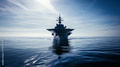 Naval ship cruising throughserene blue ocean underclear sky, showcasingmariti...