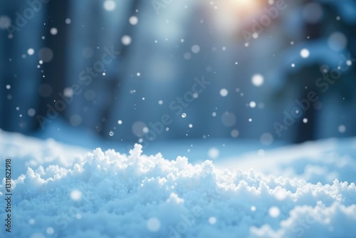 Snowflakes gently falling on a blanket of white, serene atmosphere, snowfall
