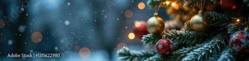 Snowflakes gently falling on a decorated Christmas tree, frosty, snowflakes
