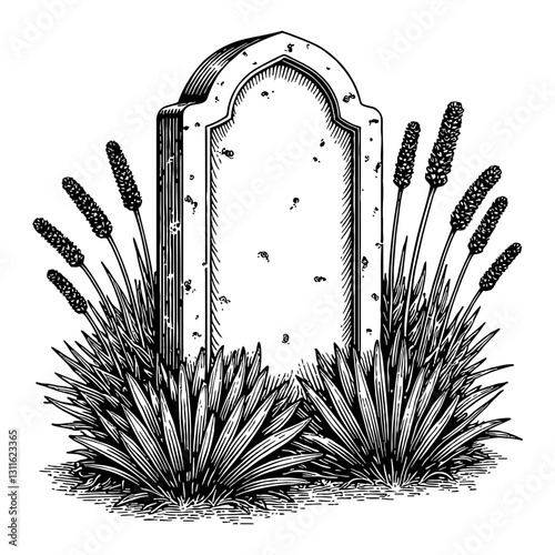 Gravestone with Overgrowth Wildflowers Detailed Shady Black and White Outline Line Art Drawing