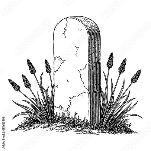 Gravestone with Overgrowth of Lavenders in Cemetery Garden Black and White Outline Line Art Drawing