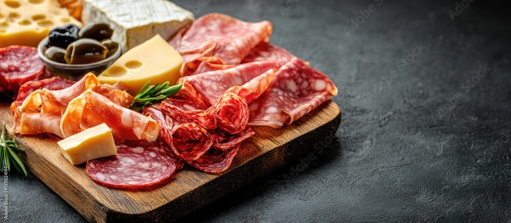 Wooden board positioned on a dark table presenting a selection of cured meats and Spanish cheeses with olives in a bowl on the side Wooden board positioned on a dark table presenting a selection of cured meats and Spanish cheeses with olives in a bowl on the side