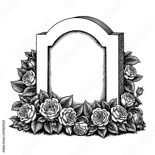 Gravestone with Overgrowth Roses Frame Border Detailed Black and White Outline Line Art Drawing