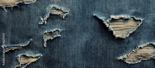 Vintage ripped denim texture with frayed edges showcasing various torn patches in shades of deep blue and light beige, arranged organically on fabric surface.