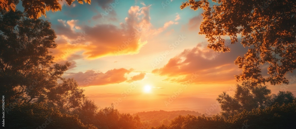 Obraz premium Vibrant sunset with orange and pink hues above lush green trees framed by clouds creating a serene landscape view in a tranquil nature setting