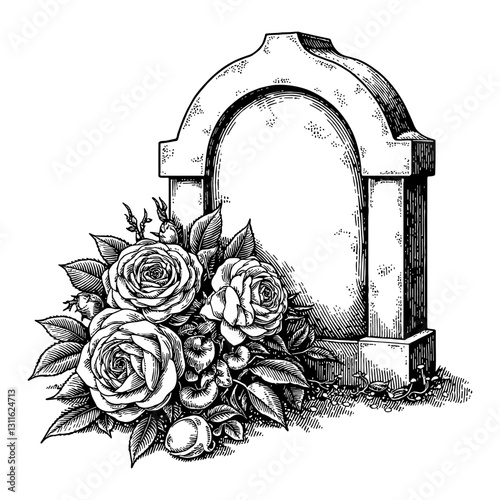 Gravestone with Roses Overgrowth Detailed Grave Tombstone Black and White Outline Line Art Drawing