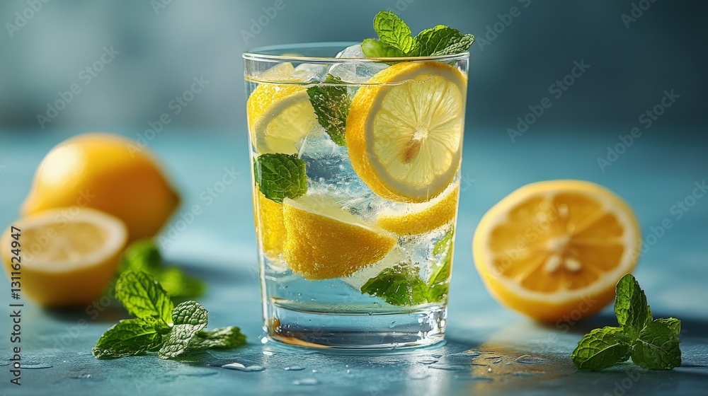 Fototapeta premium A glass of water with mint and lemon slices, green mint on light blue background. Minimalist healthy lifestyle concept