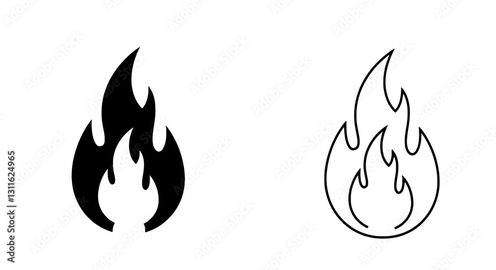 Blazing Icon: Two stylized fire icons, one solid and one outlined, capture the essence of energy, passion, and potential danger, suitable for various design needs. Blazing Icon: Two stylized fire icons, one solid and one outlined, capture the essence of energy, passion, and potential danger, suitable for various design needs.