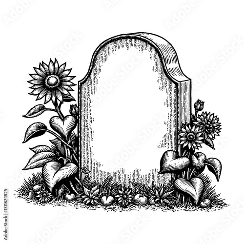 Gravestone with Overgrowth Sunflowers Vintage Engraved Style Black and White Outline Line Art Drawing