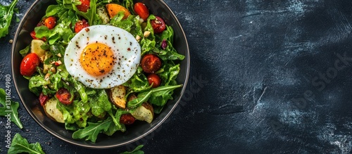 Fresh vegetable salad topped with a perfectly cooked egg arranged in a deep bowl on a textured dark surface with vibrant greens and tomatoes
