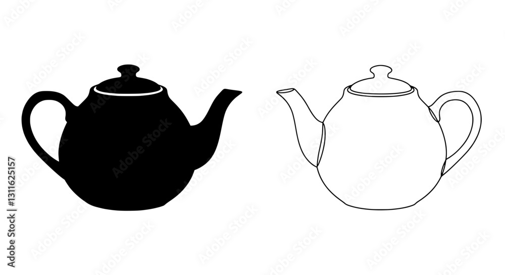 Tea Pot Pair: contrasting pair of teapots, one rendered in solid black, the other in crisp outline, highlighting their iconic forms and inviting contemplation. Tea Pot Pair: contrasting pair of teapots, one rendered in solid black, the other in crisp outline, highlighting their iconic forms and inviting contemplation.