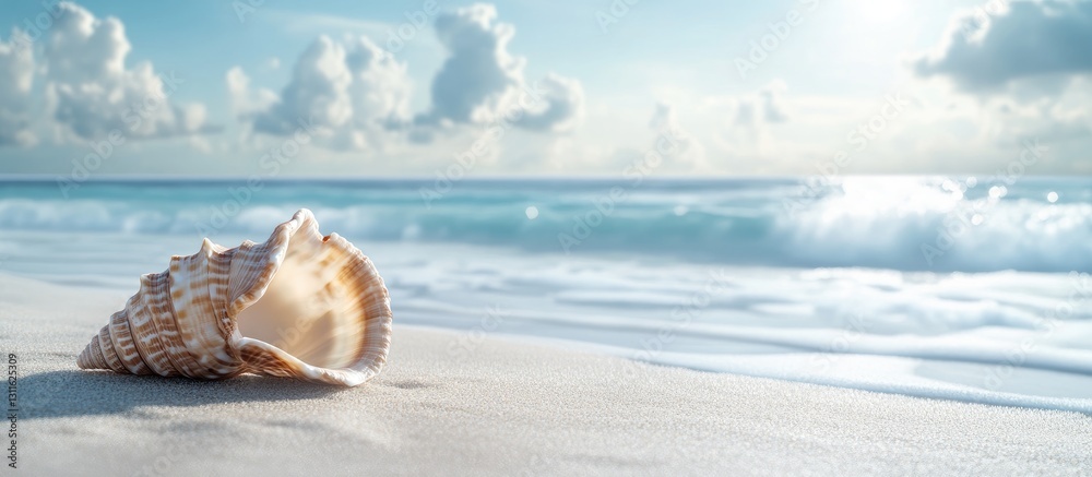 Sandy beach with a seashell in the foreground under a bright blue sky with fluffy clouds and gentle ocean waves in the background Sandy beach with a seashell in the foreground under a bright blue sky with fluffy clouds and gentle ocean waves in the background