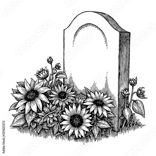 Gravestone with Sunflowers Overgrowth Detailed Shaded Black and White Outline Line Art Drawing