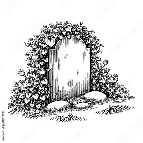 Gravestone Overgrown Thorny Vines with Stones Detailed Front View Black and White Outline Line Art Drawing