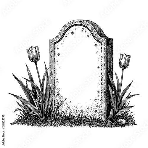 Grave Stone with Overgrowth Tulip Flowers in Detailed Vintage Black and White Outline Line Art Drawing