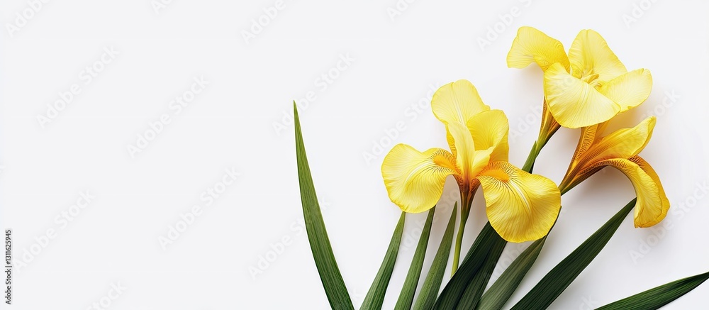 Fototapeta premium Vibrant yellow iris flowers on the left with lush green leaves against a clean white background creating a fresh and elegant composition