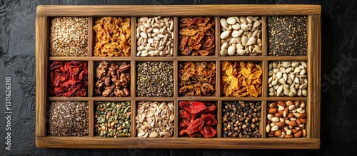 Fototapeta Naklejka Na Ścianę i Meble -  Assorted colorful sun-dried organic fruits nuts and oil seeds arranged in a wooden tray on a dark textured surface showcasing rich earthy tones