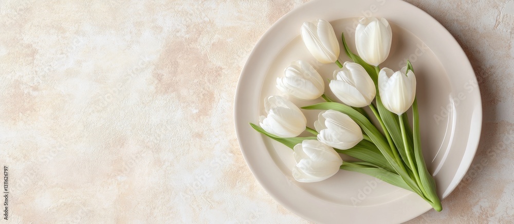 White tulips arranged beautifully in a circular pattern on a cream plate atop a soft beige textured background featuring green leaves. White tulips arranged beautifully in a circular pattern on a cream plate atop a soft beige textured background featuring green leaves.