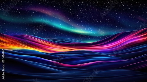 Aurora borealis northern lights concept. Vibrant waves of color swirl through a starry night, creating a mesmerizing landscape.