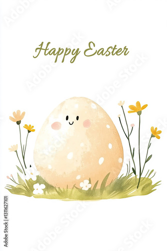 Easter card with text Happy Easter and Easter egg with flowers in simple baby art style