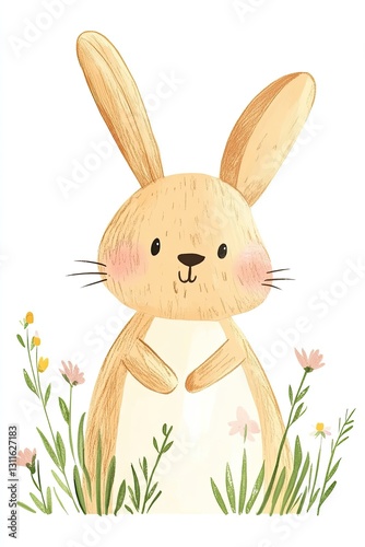 Adorable illustration of bunny in flowers in pencil baby art style. Perfect for nursery decor and cards