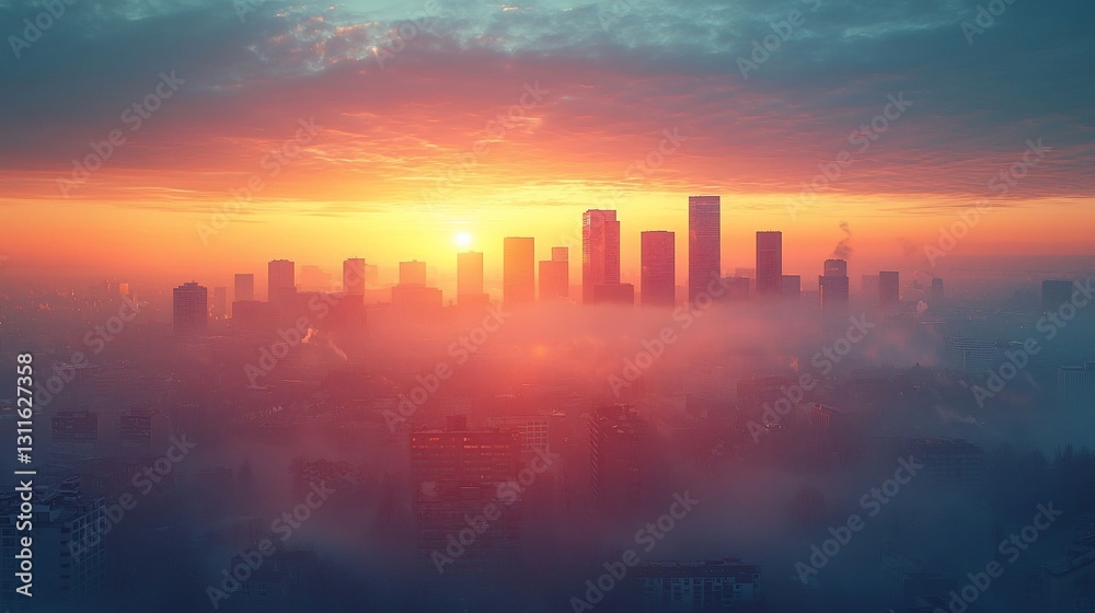 Sunrise over a city skyline shrouded in mist, with buildings silhouetted against vibrant colors Sunrise over a city skyline shrouded in mist, with buildings silhouetted against vibrant colors