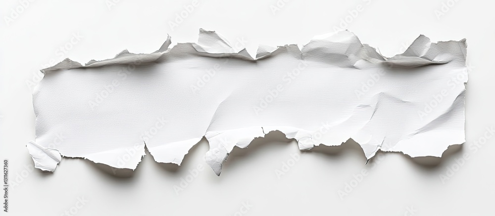 Torn white paper strip on a bright white background with jagged edges creating negative space for text or design elements Torn white paper strip on a bright white background with jagged edges creating negative space for text or design elements