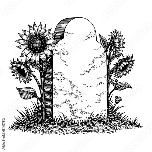 Gravestone Surrounded by Sunflowers Black and White Outline Line Art Drawing Detailed Illustration