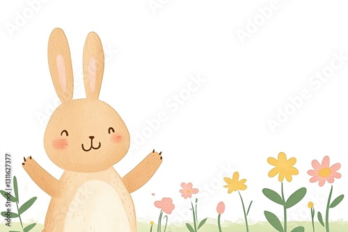 Card with funny bunny in flowers in pencil baby art style with place for text