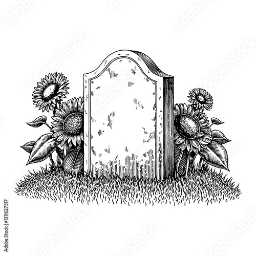 Gravestone with Sunflowers in Grass Black and White Grave Marker Etching Vector Outline Line Art Drawing