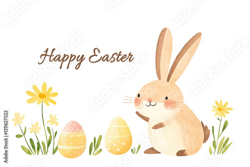 Easter card with text Happy Easter, funny bunny and Easter eggs in simple baby art style