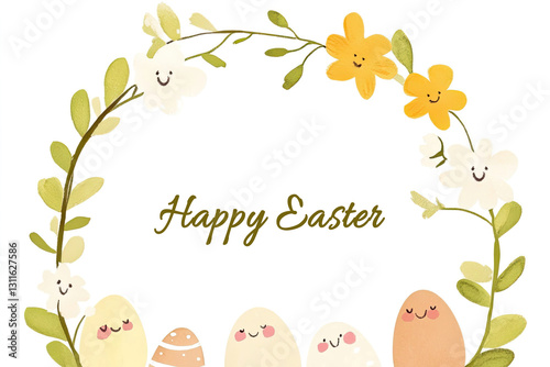 Postcard with flower wreath, cute Easter eggs and text Happy Easter. Illustration in style of simple baby art