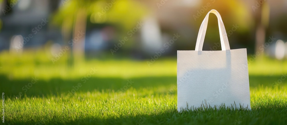 White non-woven tote bag positioned on vibrant green grass with soft sunlight illuminating the background ideal for eco-friendly branding or advertisements.